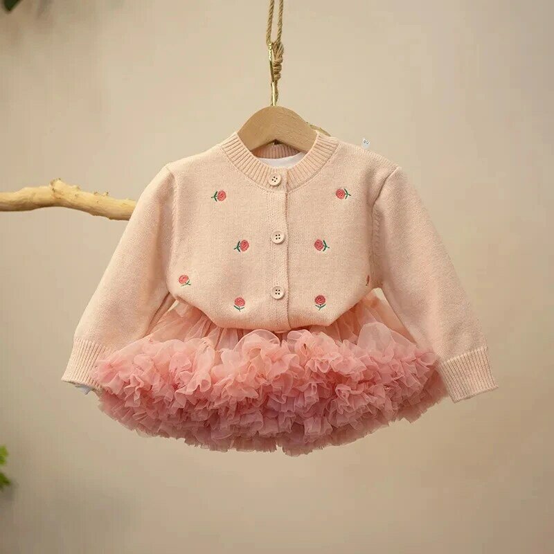 Girls' Fluffy Tutu Skirt Set, suéter de criança, roupa infantil, elegante, primavera, verão, outono, novo, 2 peças