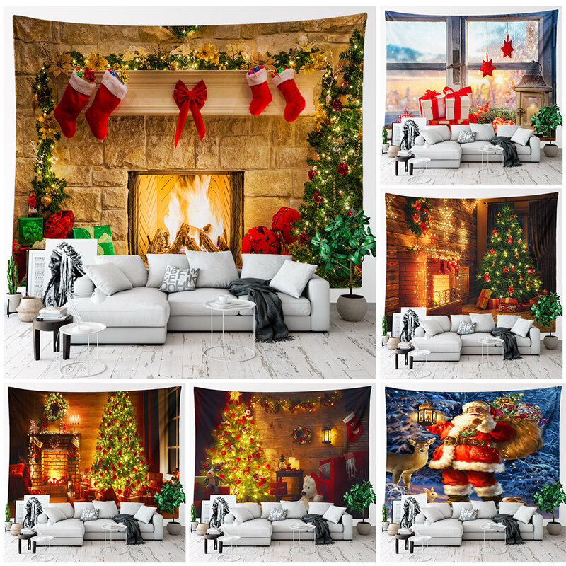 Christmas Tapestry Santa Claus Aesthetic Room Decor Christmas Fireplace Background Tapestry Wall Hanging Home Holiday Decoration
