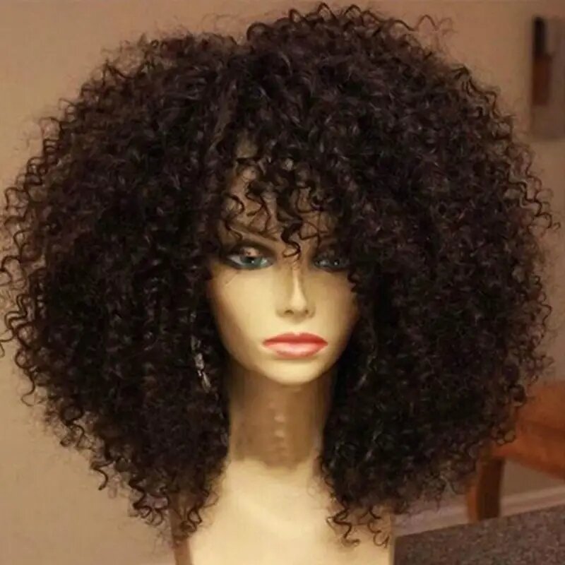 16 Inch Afro Kinky Curly Hair Wigs With Bangs Soft Fluffy Synthetic Fiber None Lace Wigs For Party Cosplay Daily Use