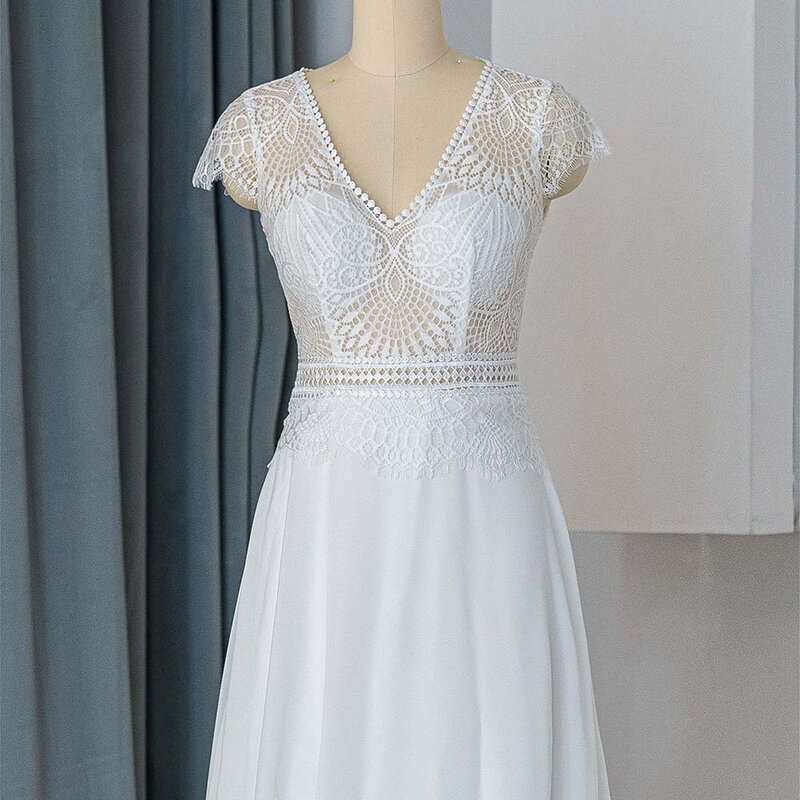 فستان زفاف دانتيل برقبة حرف V للعروس ، أكمام قصيرة ، فستان زفاف على شكل حرف A ، علامة تجارية جديدة ، تصميم شائع ، أو QW01656