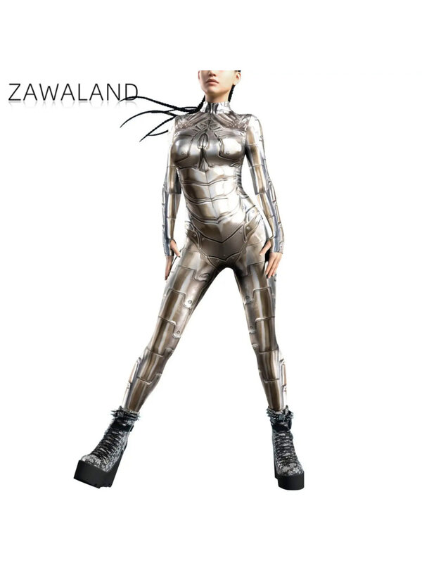 ชุดจั๊มสูทคอสเพลย์หุ่นยนต์พังค์สำหรับผู้หญิงชุดฮาโลวีนชุดบอดี้สูทลายพิมพ์พื้นผิวสีสันสดใส