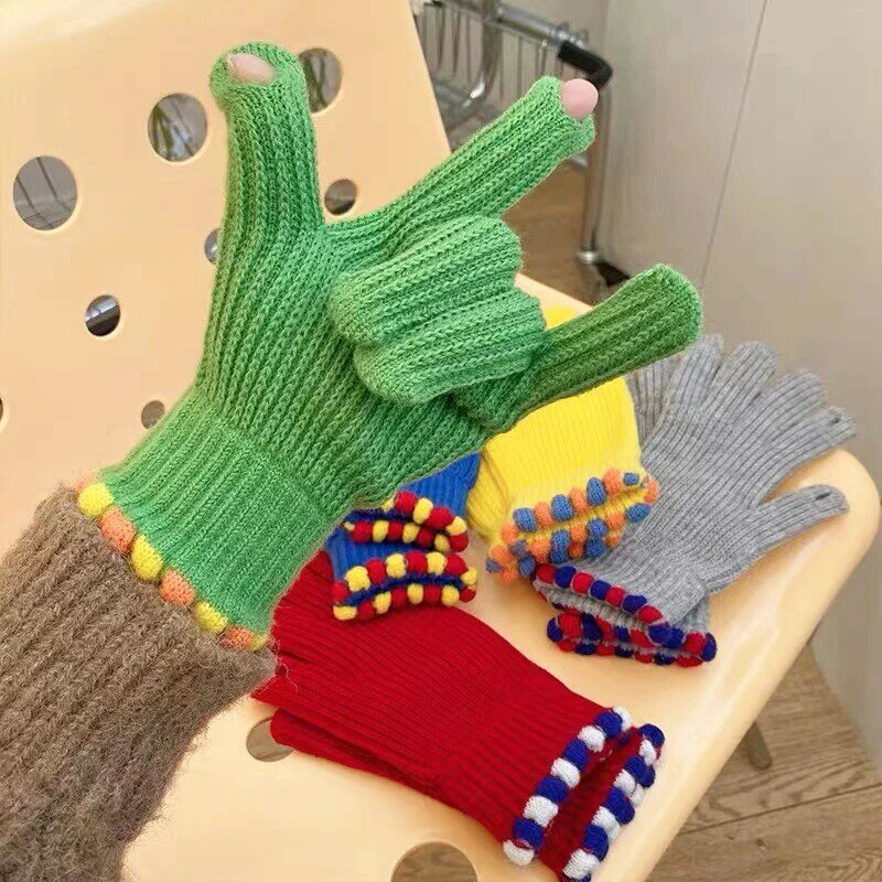 Damski ekran dotykowy rękawiczki z dzianiny zimowy ciepły zagęszczony do jazdy na nartach solidny Full Finger Fashion Y2K Harajuku Kawaii mitenki