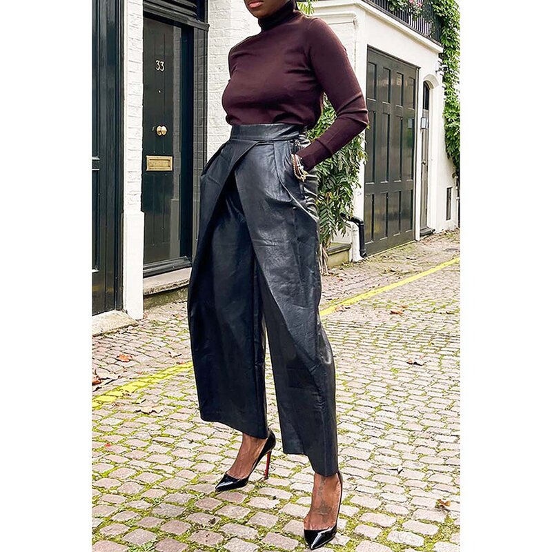 Женские повседневные брюки, черные длинные осенне-зимние брюки из искусственной кожи с карманами
