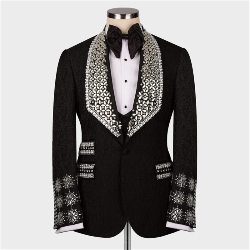 절묘한 신랑 웨딩 수트 핏 슬림 수제 맞춤 디자인 턱시도, 크리스탈 구슬 라펠 재킷 조끼 바지, 3 피스 남자 옷