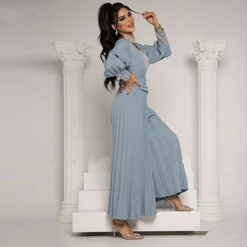 Romantico Chiffon blu a-line Dubai o-collo Prom Party paillettes maniche lunghe abito da sera lunghezza alla caviglia abiti per occasioni speciali