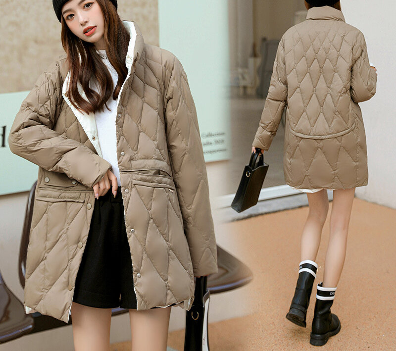 Mantel untuk Wanita Musim Dingin Jaket Panjang Medium Berdiri Kerah Ramping Tinggi Isi Bulu Mantel Hangat Tahan Dingin