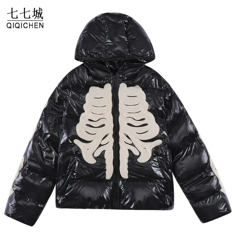 Parka de esqueleto retrô masculina, jaqueta brilhante, casacos acolchoados quentes, casaco solto à prova de vento, Hip Hop Street, Harajuku, espessado, inverno, Y2K