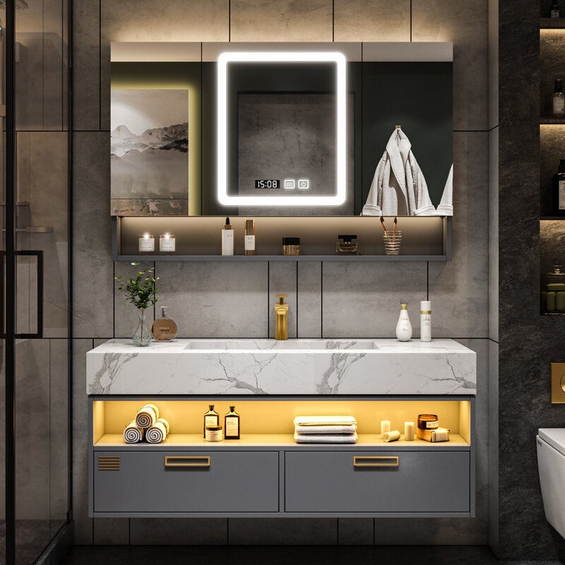 Placa de piedra de baño de lujo ligera personalizada, Cubo de baño completo, soporte de lavabo, combinación de gabinete de baño inteligente