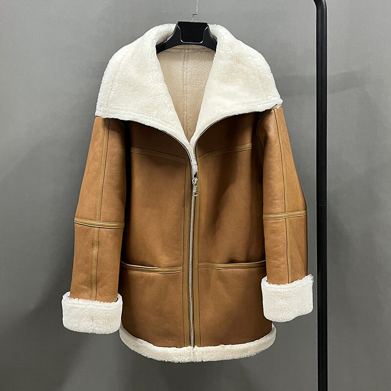 Jaket Kulit Wanita 2022 Mantel Kulit Domba Asli Geser Baru Mantel Bulu Hangat Musim Dingin Lapisan Bulu Sederhana Padat MH5046L