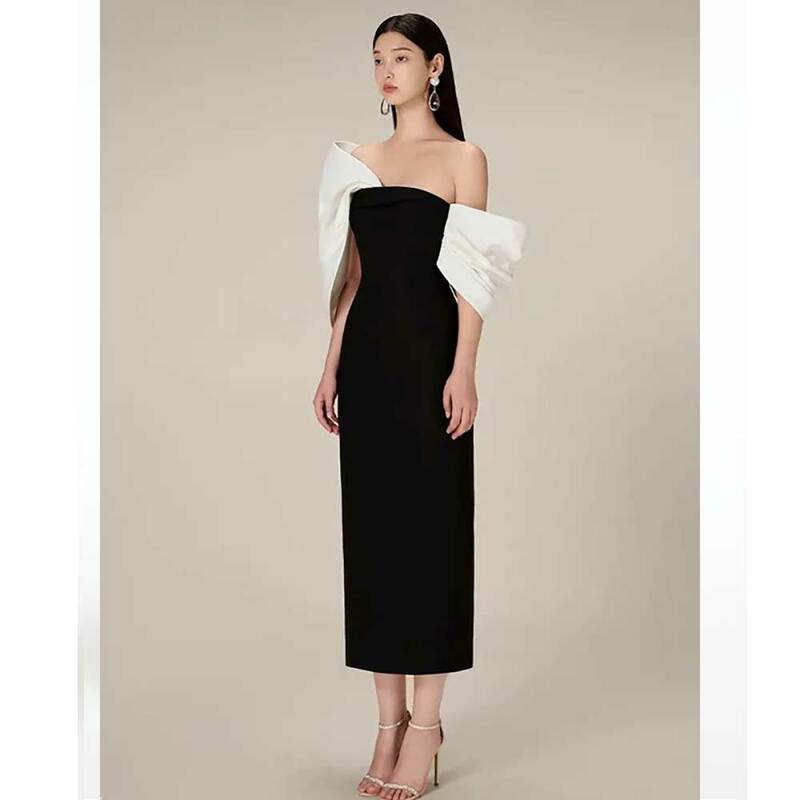 PuTao Formal Evening Dress Black White Ankle Length Women Birthday Party Formal Evening Dress Short Sleeves Wedding Dress 2024