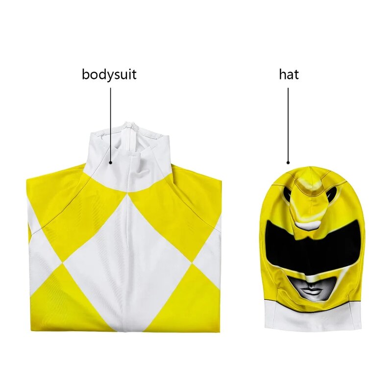 Halloween High-Quality Adult Ranger 3D Printed Jumpsuit Carnival Role-Playing Costume Zentai Yellow Ranger Jumpsuit With Hat