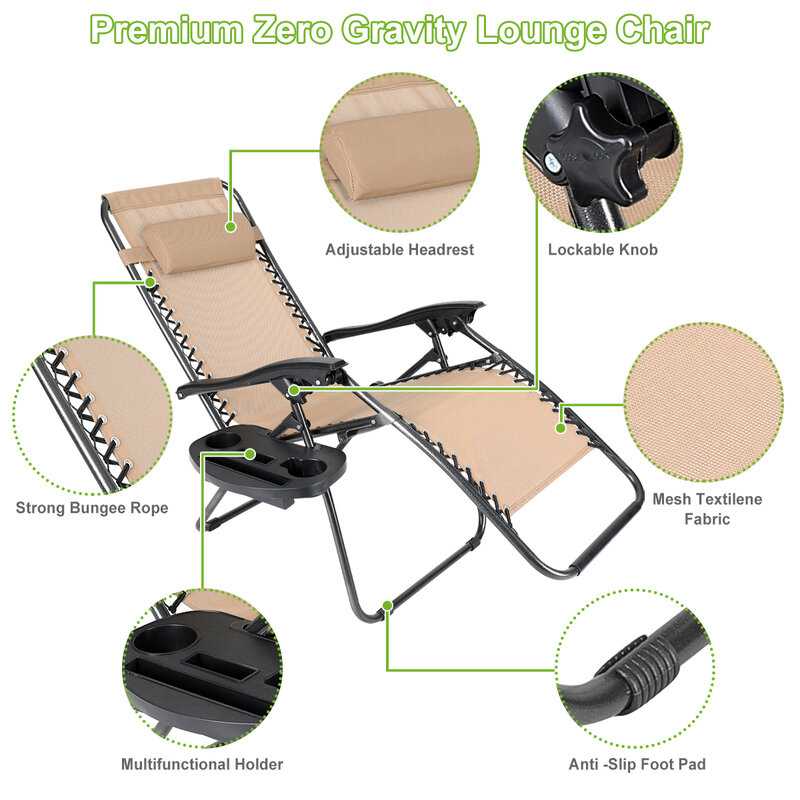 2X Zero Gravity Lounge Chairs Folding Recliner Holder Tray Outdoor Beach Patio