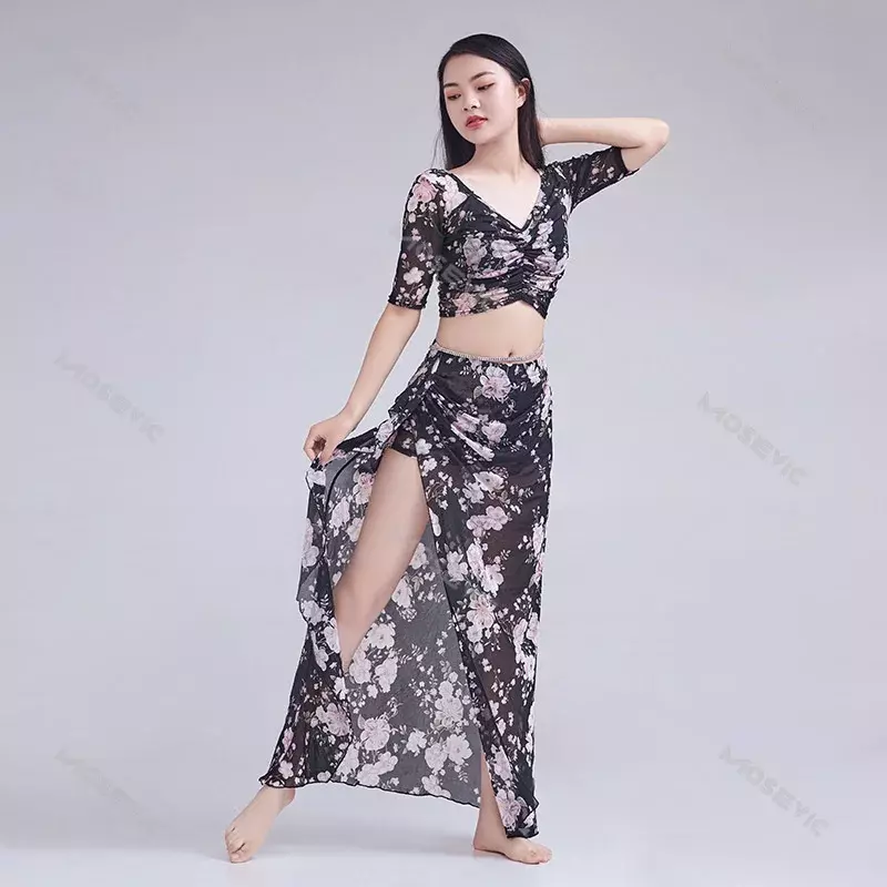 Belly Dance Practice Clothes Long Skirt Suit Luxury Floral Printing Performance Carnaval Costumes Sexy Woman Modern Dance2024