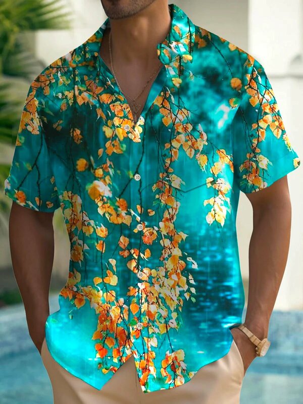 メンズ3Dプリント「ハワイアン」Tシャツ,カラフルなボタンブラウス,ラペルストリートウェア,ベーシックスタイル,サマーファッション