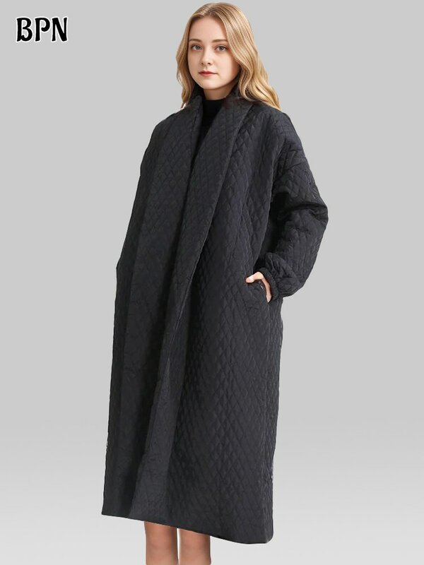 BPN Casual jednolita parka dla kobiet z dekoltem w szpic z długim rękawem patchworkowe kieszenie minimalistyczne Oversize zimowe płaszcze damskie modne nowe 2024