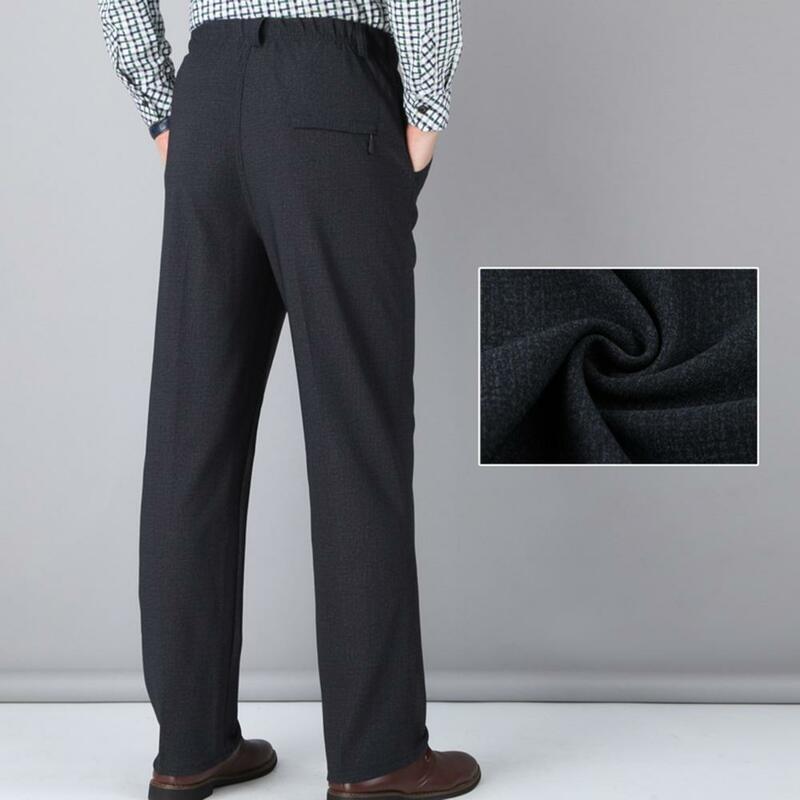 Calça de terno forrado de lã masculina, bolsos elásticos na cintura alta, de meia idade, grossos, monocromáticos, inverno