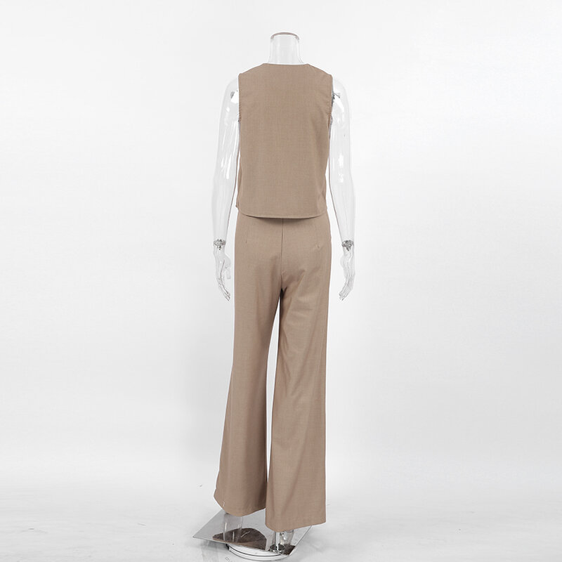 Sleeveless Button Up Tops Two Piece Sets Khaki Office Outfits Gray V Neck Tank Tops Suits Summer Pleated Long Pants Suit