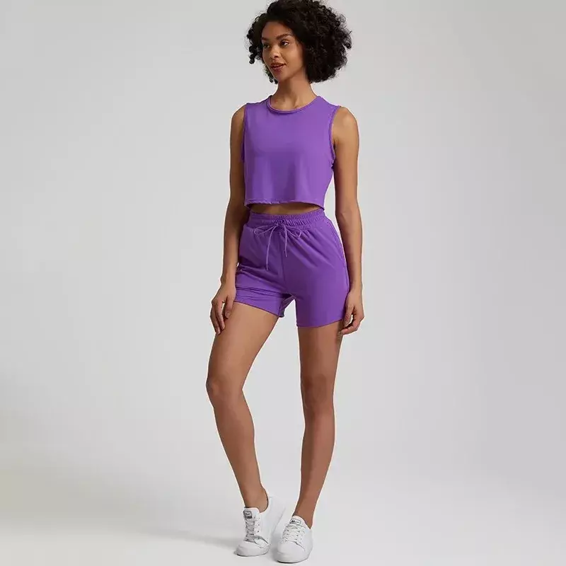 Zitrone Frauen Soft Gym Fitness Yoga Set Kordel zug Tasche kurzes Bein Kurzarm T-Shirt Top Anzug umfassende Training Jog Frauen