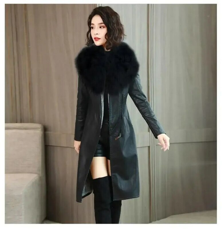 Зимнее меховое пальто с большим меховым воротником, женское флисовое утепленное средней длины, новинка 2023, кожаное пальто большого размера для стройной талии