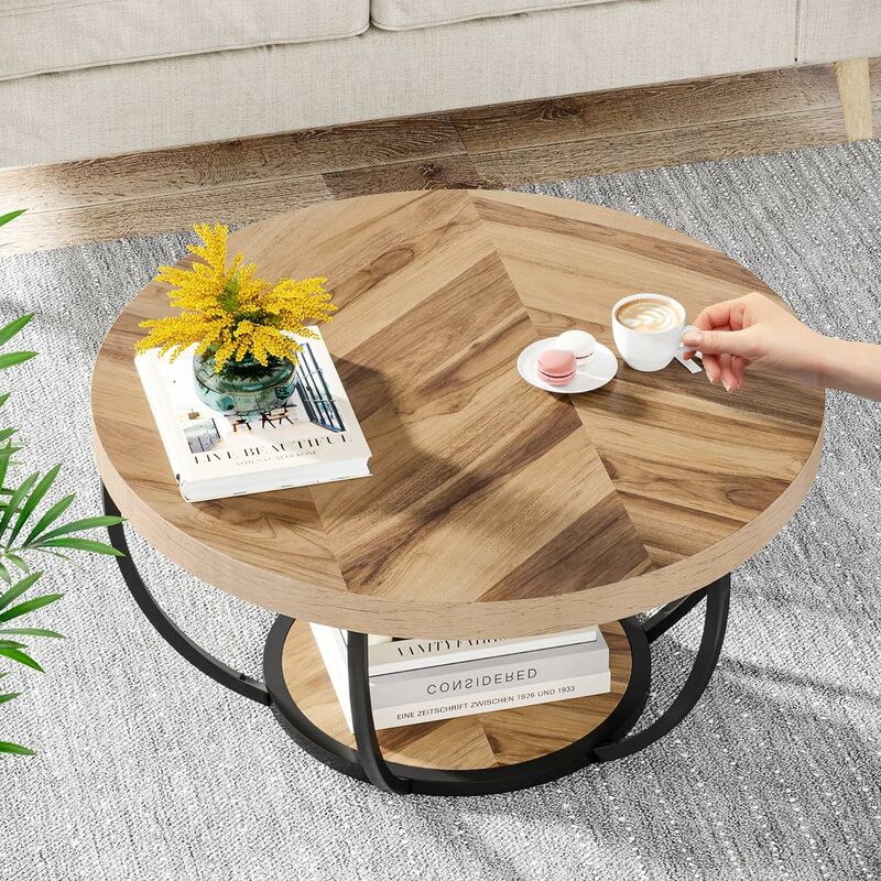 Tribesigns โต๊ะกาแฟกลม31.7 "โต๊ะกาแฟวงกลม2ชั้นแบบอุตสาหกรรมพร้อมชั้นเก็บของแถบกลางทำจากไม้ที่ทันสมัย