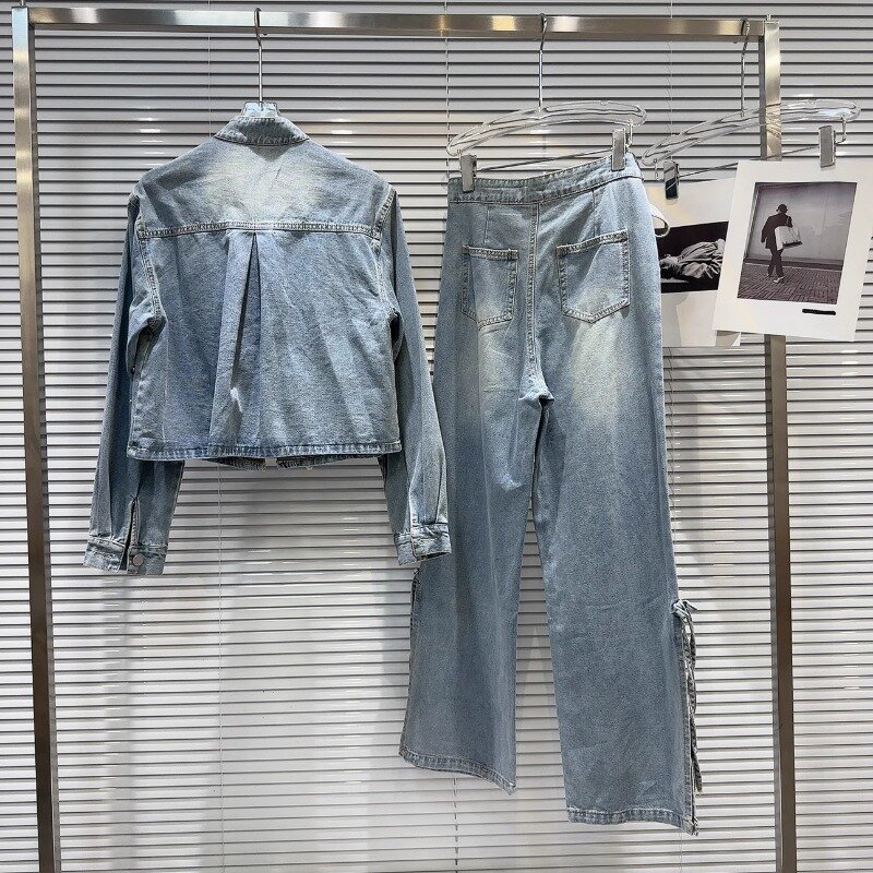 2024 Zomer Nieuwe Mode-Stijl Streetwear Strass Gesp Staande Kraag Denim Jasband Jeans Pak Dames 2 Peice Sets Outfits