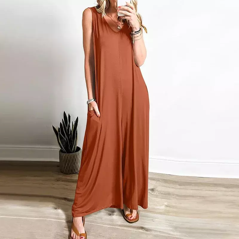 Summer Long Pants Jumpsuit Women Casual V Neck Sleeveless Pocket Loose Rompers Fashion Solid Jumpsuits For Women