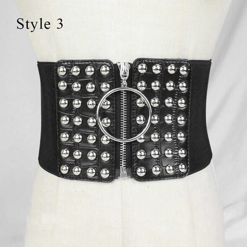Elastic Rivet Cummerbund Belt para senhoras, malha preta larga cintura, corpo emagrecedor, cintura alta, cintura de zíper, decorativo, moda