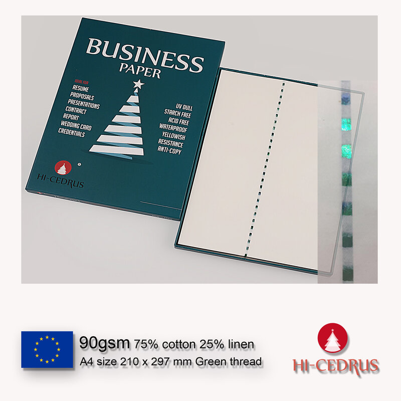 90gsm 75% cotone 25% carta di lino A4 210*297mm colore bianco con filo verde in fibra invisibile UV 10 fogli GCYT019