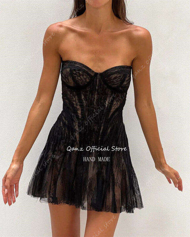 Qanz seksowny pełny koronkowy suknie balowe kochanie czarny gorset z powrotem suknie urodzinowe luksusowe aplikacje syreny krótkie szaty koktajlowe