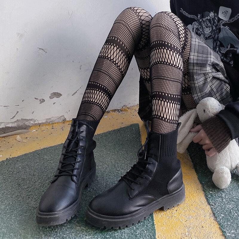 Mulheres meninas goth punk sexy doce fishnet meias meias harajuku listra cruz padrão collants tamanho grande malha meias leggings