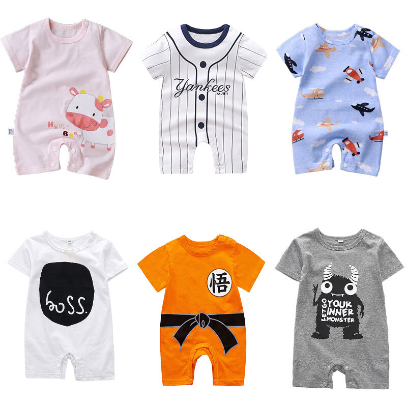 0〜12か月の赤ちゃんと男の子のための夏のロンパース、かわいい漫画の衣装、綿のジャンプスーツ