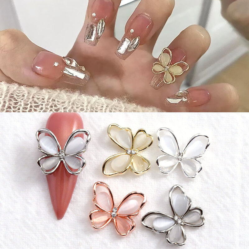10Pcs 3D Vlinder Nail Art Sieraden Charms Rose Goud/Zilver/Grijs Crystal Rhinestones 13*15Mm legering Opal Nail Onderdelen Accessoires
