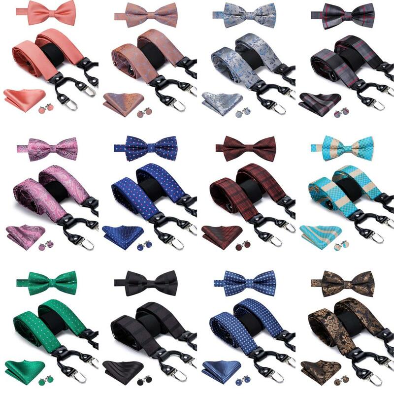 Hi-tie conjunto de suspensórios masculinos de seda, vintage, dourado, floral, de couro, conjunto de gravata borboleta, metal, 6 grampos, suspensórios