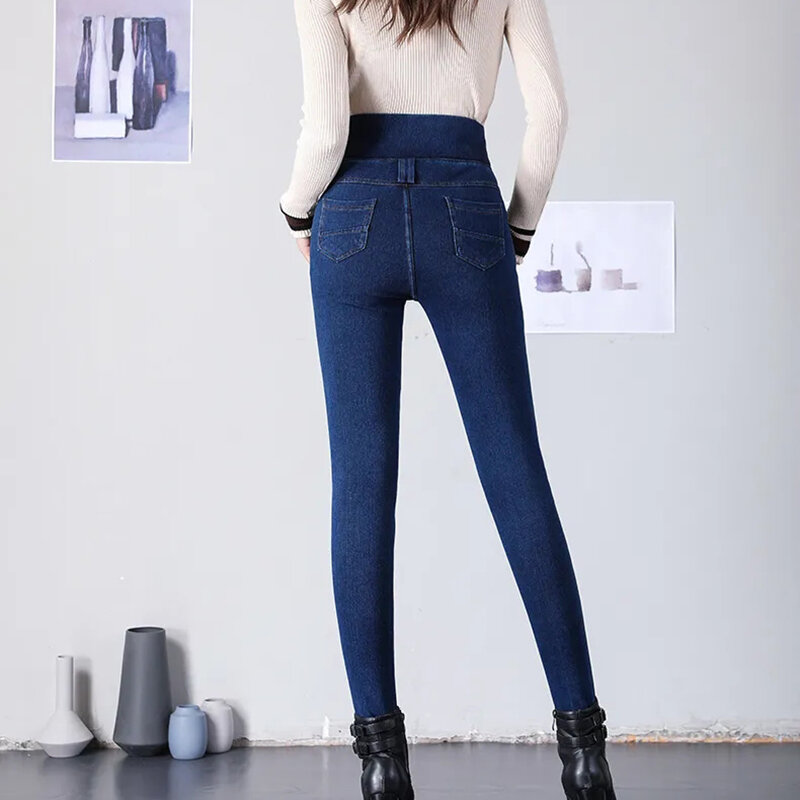 Obcisła, ołówkowa jeansy jesienno-zimowe z wysokim stanem zagęszczają spodnie dżinsowe na co dzień z aksamitną podszewką Vaqueros duży rozmiar 38 spodnie ze strechu