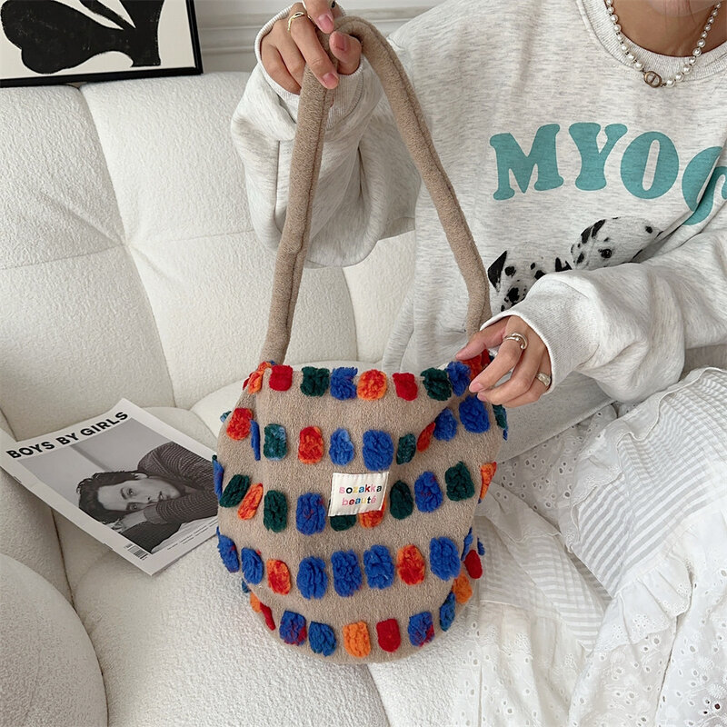 Bolso de mano con diseño Retro para mujer, bolsa de hombro con diseño de puntos de felpa, de gran capacidad, estilo informal