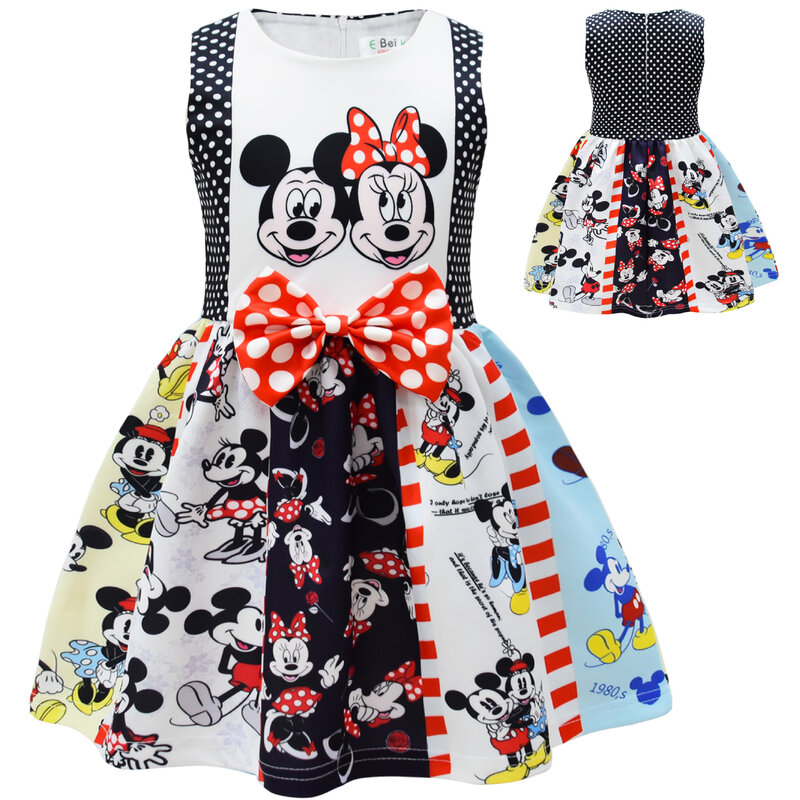 Новинка 2024, оригинальное платье для девочек с цифровым принтом и Микки Маусом, платье для девочек с бантом, Детские платья для девочек, костюм на день рождения