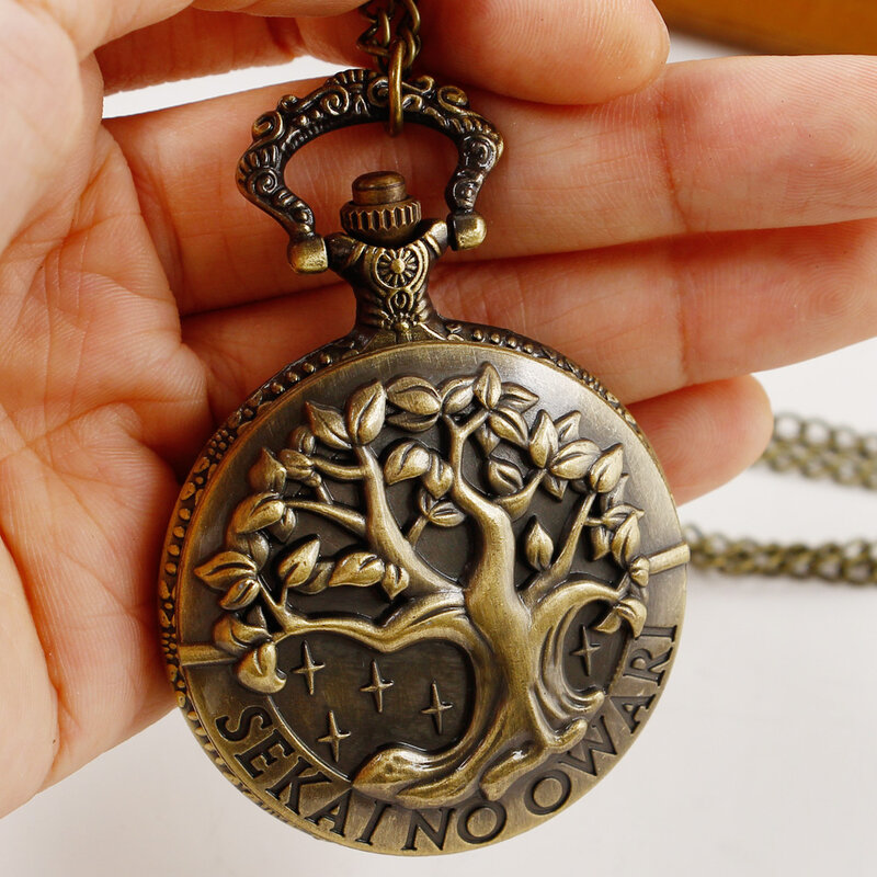 Reloj de bolsillo con patrón de árbol de la vida de bronce, collar antiguo, reloj fob con cadena, reloj de cuarzo para hombres y mujeres