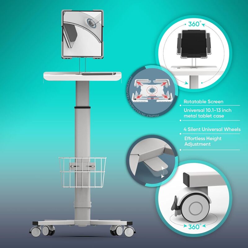 Adjustable Rolling Medical Cart: Pneumatic Mobile Workstation with iPad Enclosure for 9.7-13" iPad and Tablet - Ideal for