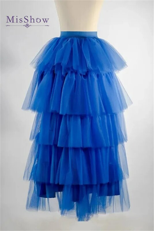 Faldas de tul azul real para mujer, cintura elástica, alto-bajo, mullidas en capas, princesa para ocasiones especiales, falda de tutú para fiesta de boda