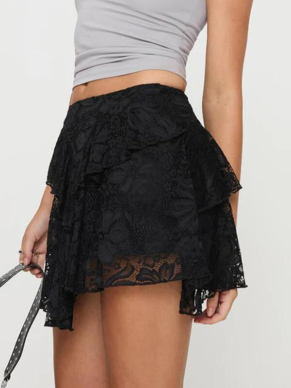 Rok Mini renda seksi untuk wanita, rok Streetwear renda motif bunga, Rok lipit lapis asimetris pinggang tinggi musim panas untuk wanita
