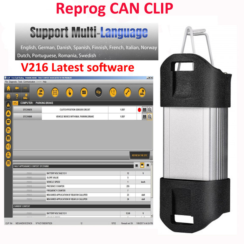 Ferramenta de Diagnóstico e Programação OBD2, Reprog Can Clip para Renault, V216 Golden Clip, New Reno Scanner, 2023, mais novo