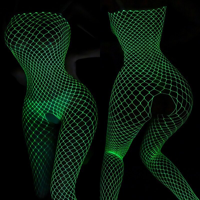 Fantasien sexy erotisch glühend aushöhlen Mesh Fisch netz Bodysuit Body stockings Hot Pole Akne Clubwear leuchtendes Babydoll Kleid