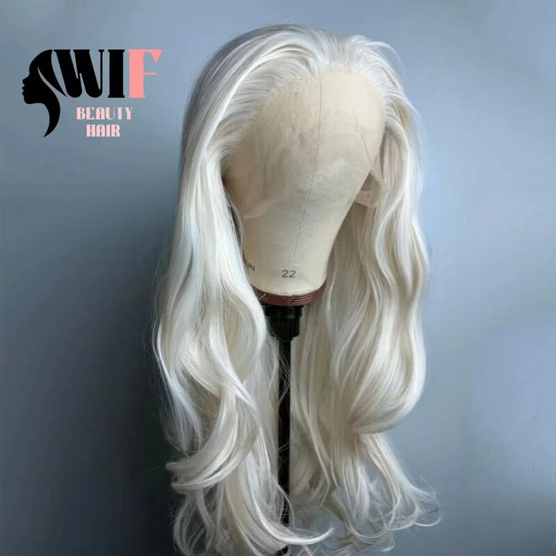 Wif platina loira peruca sintética ondulada natural, água longa ondulada, loiro branco, fibra de calor, rendas frente perucas, maquiagem uso, cabelo diário