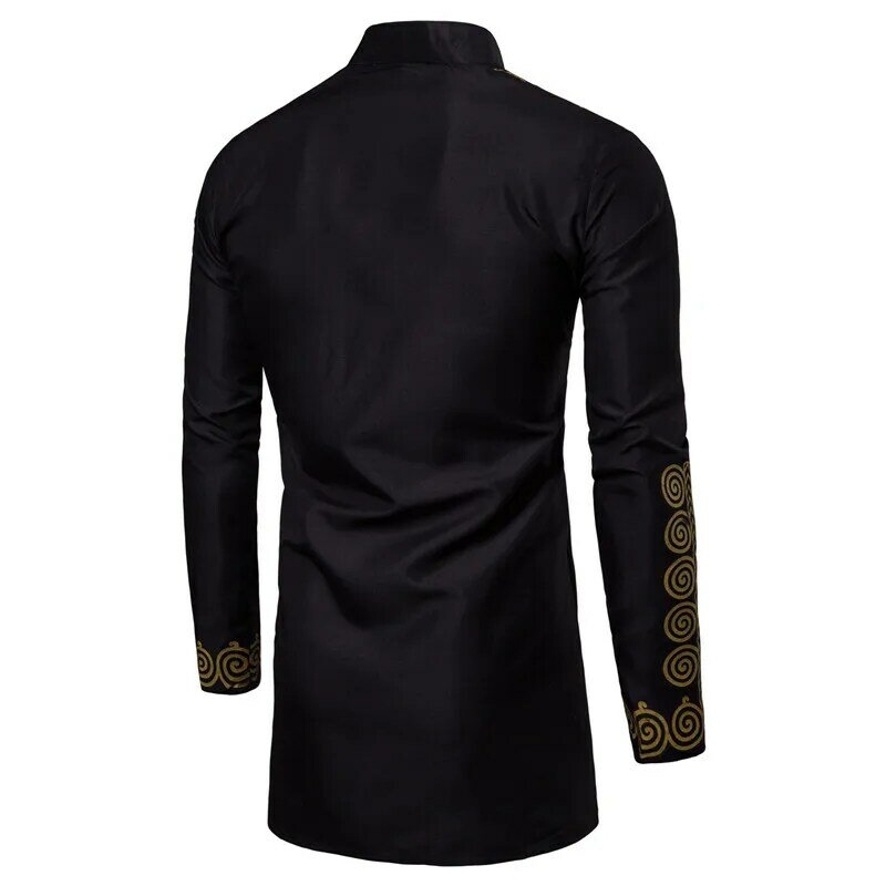 Camisa musulmana de longitud media para hombre, ropa con estampado dorado, cuello de pie, negro, blanco, rojo, alta calidad