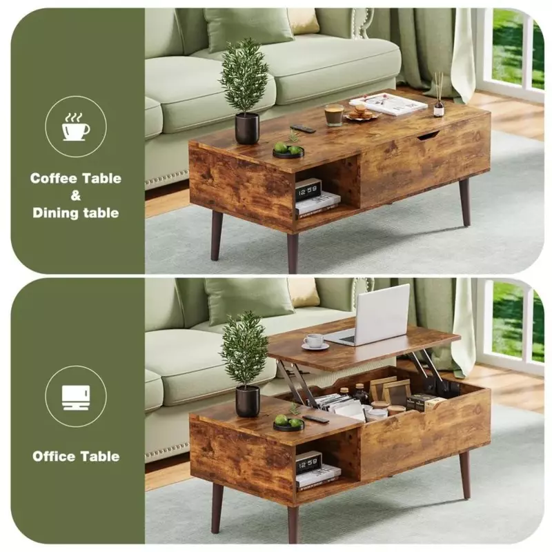 Tavolini elevabili per soggiorno, tavoli centrali da pranzo in legno da tavolo in aumento con ripiano portaoggetti e scomparto nascosto