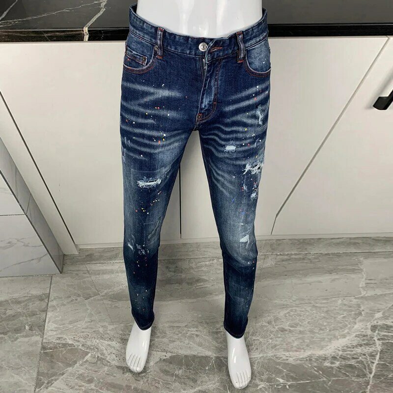 Jeans rasgado azul retrô masculino, calças stretch, elástico, slim fit, designer, marca de hip hop, moda de rua alta