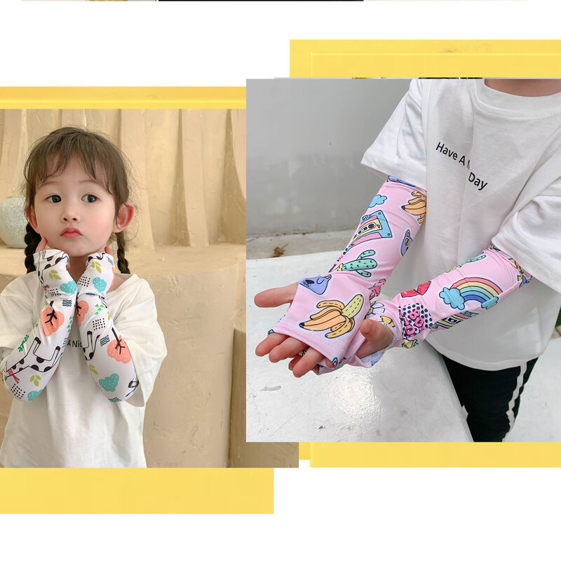 Fashion Summer Kids Ice Sleeve Sunscreen Cute Cartoon Sleeve Anti UV Silk Girls Boy Thin Elastic Breathable Sandbeach Arm Gloves