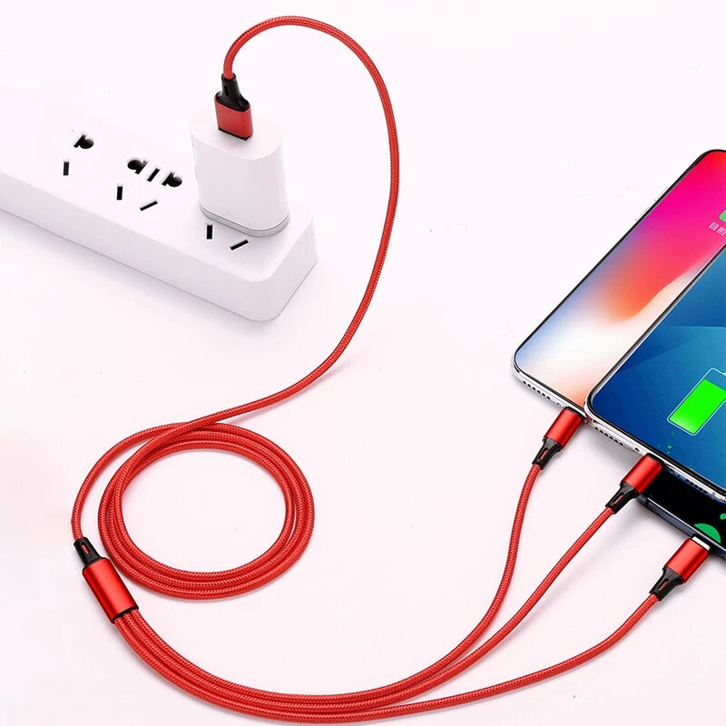 Lovebay kabel pengisi daya Cepat USB, kabel pengisian daya Cepat Tipe C Micro IOS 3 dalam 1 untuk iPhone Huawei Samsung, kabel kepang nilon