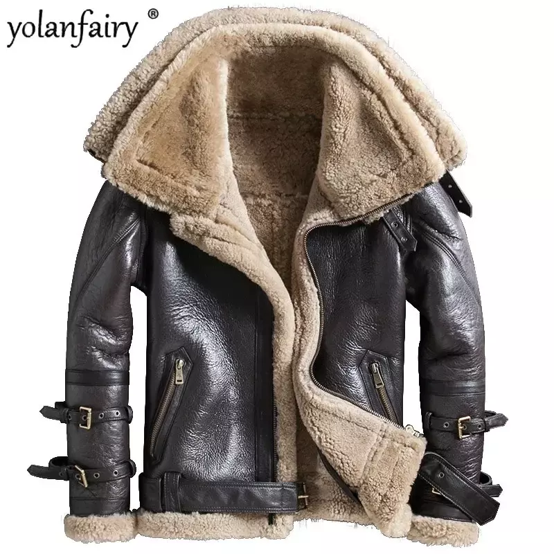 Jaqueta de couro genuína para homens e mulheres, gola dupla integrada, pele natural de ovelha original, tendência inverno, nova