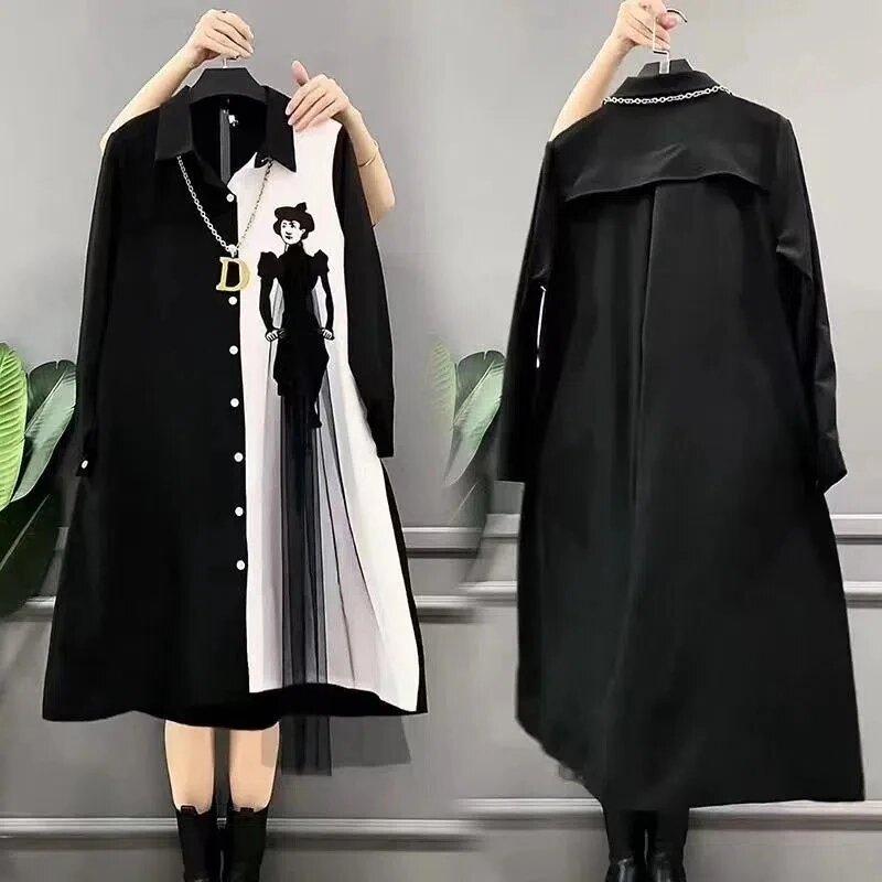 2023 New Black Lady Shirt Dresses Spring Summer Mesh Stitching Contrast Dress Tops Plus Size Women Dress Coat Mid-Long Vestidos
